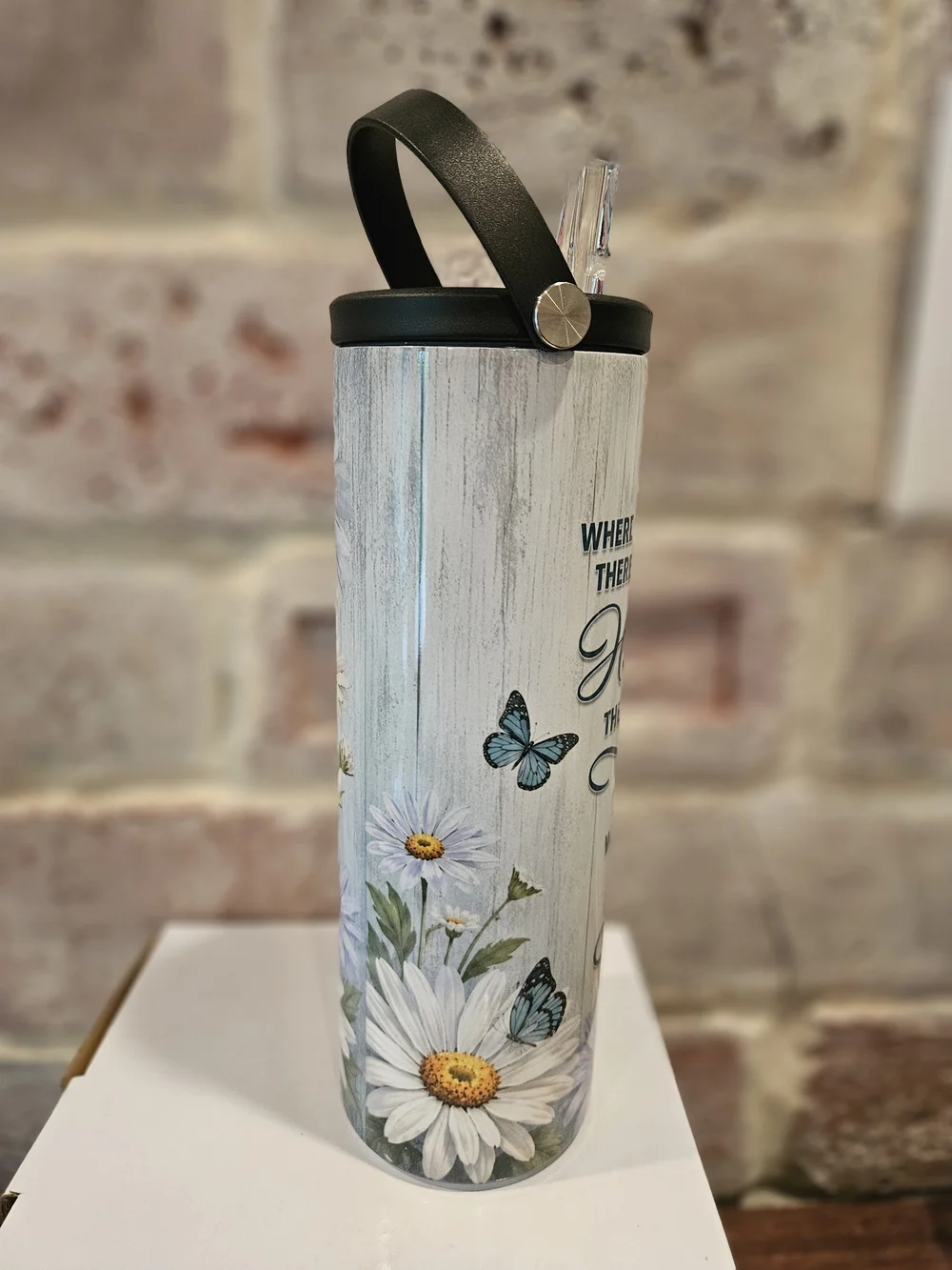 Hand Crafted Blue Floral & Butterfly Insulated Travel Tumbler